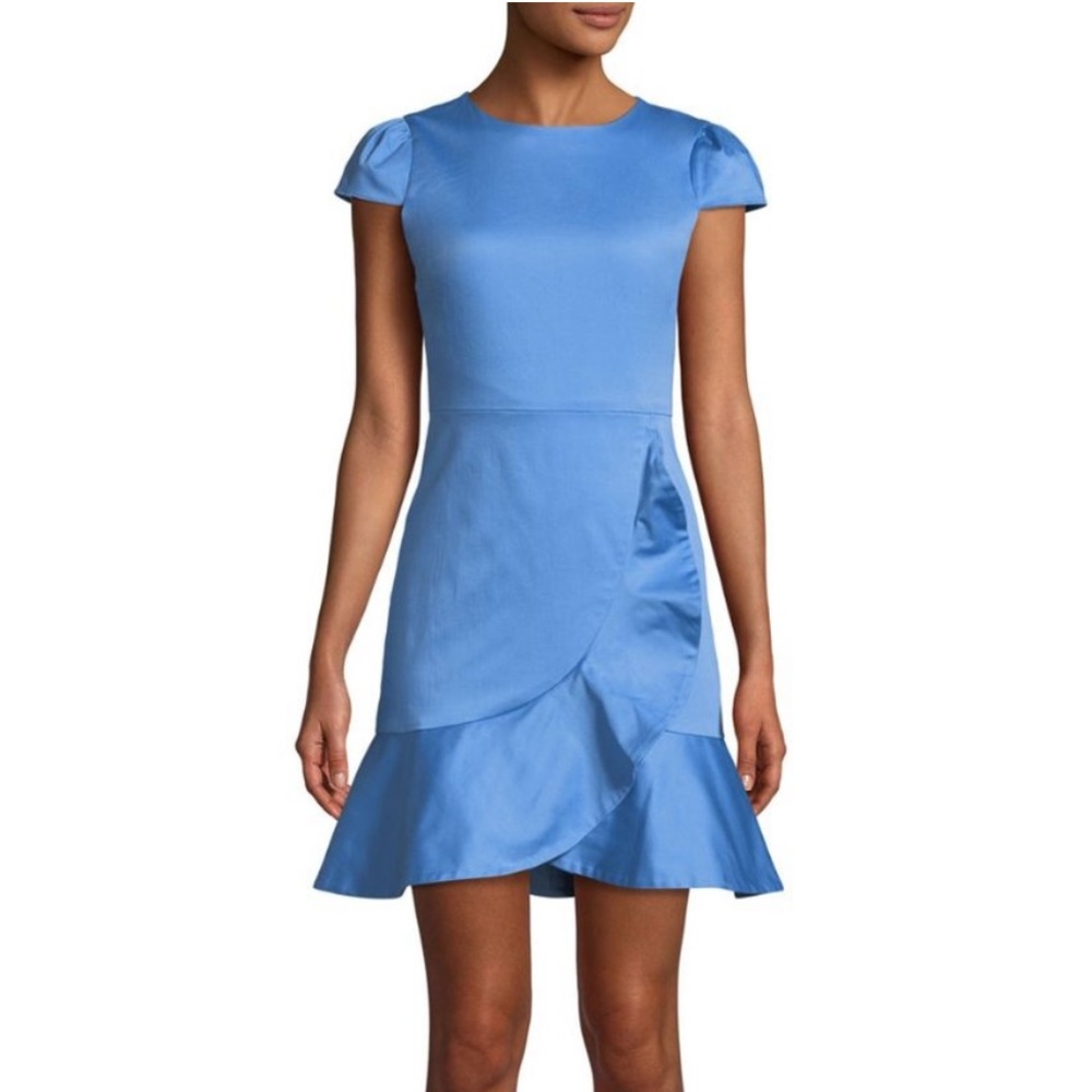 Alice + Olivia Kirby Ruffle Dress Cotton Cap Sleeve Sheath Cerulean Blue Size 2